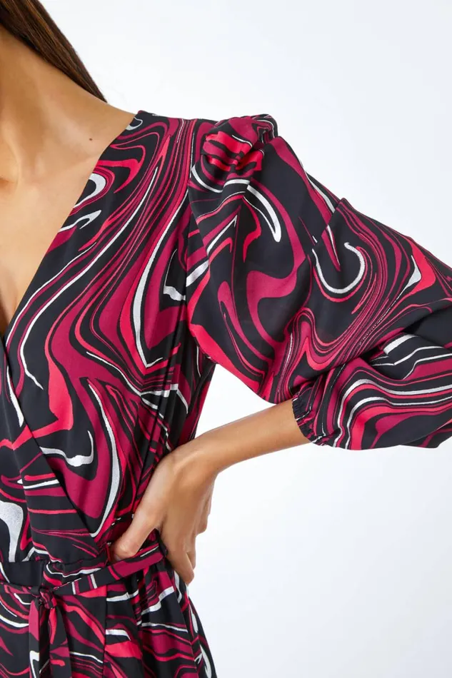 Women Red Marble Print Wrap Dress Roman Dresses