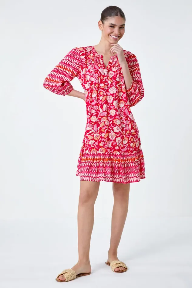 Women Red Paisley Border Print Smock Dress Roman Dresses