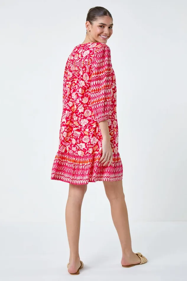 Women Red Paisley Border Print Smock Dress Roman Dresses