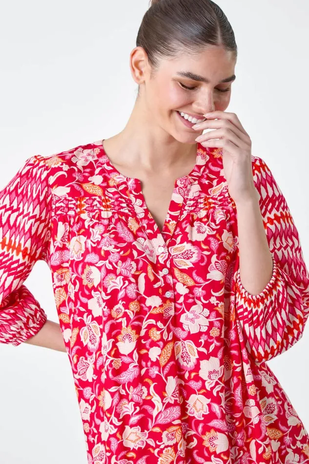 Women Red Paisley Border Print Smock Dress Roman Dresses