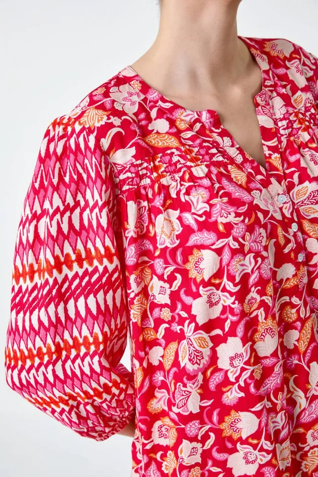 Women Red Paisley Border Print Smock Dress Roman Dresses