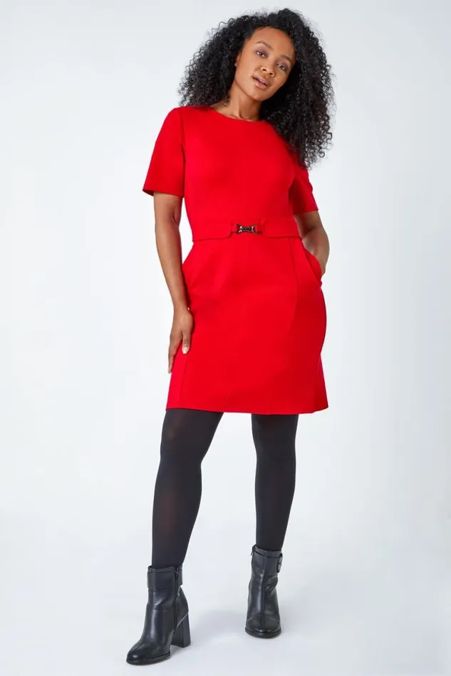 Women Red Petite Belted Shift Stretch Dress Roman Dresses
