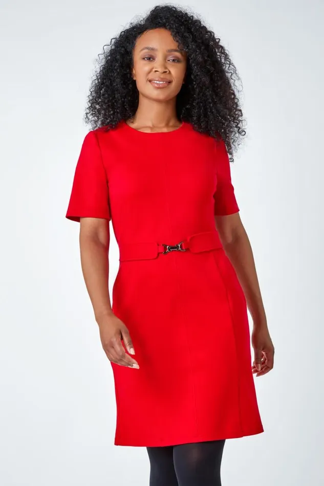 Women Red Petite Belted Shift Stretch Dress Roman Dresses
