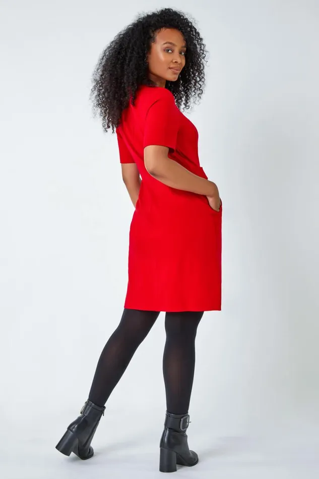 Women Red Petite Belted Shift Stretch Dress Roman Dresses