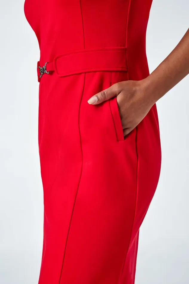 Women Red Petite Belted Shift Stretch Dress Roman Dresses