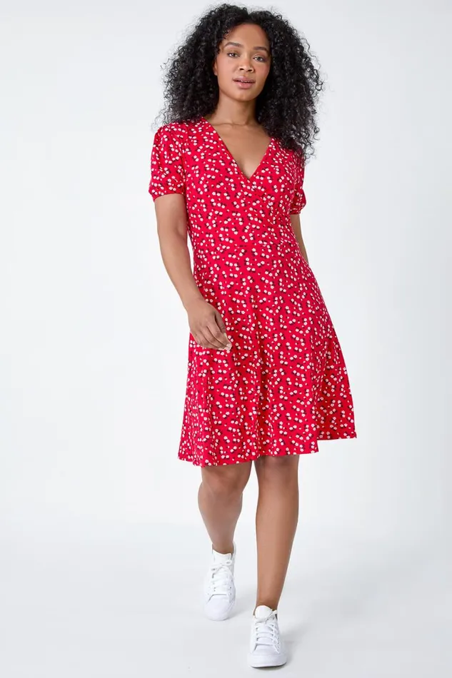 Women Red Petite Ditsy Wrap Stretch Dress Roman Dresses