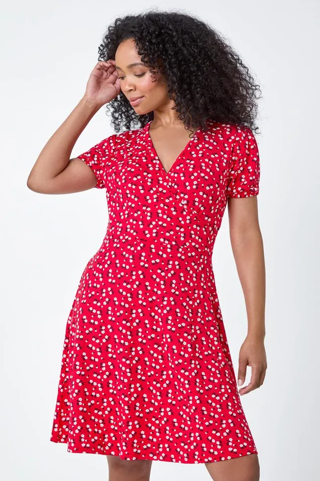 Women Red Petite Ditsy Wrap Stretch Dress Roman Dresses