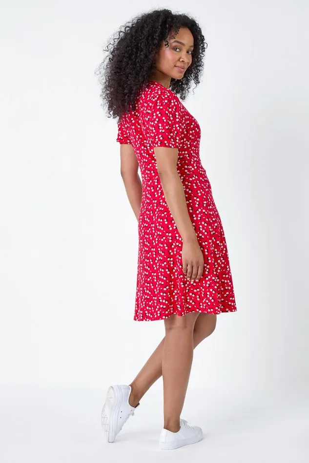 Women Red Petite Ditsy Wrap Stretch Dress Roman Dresses