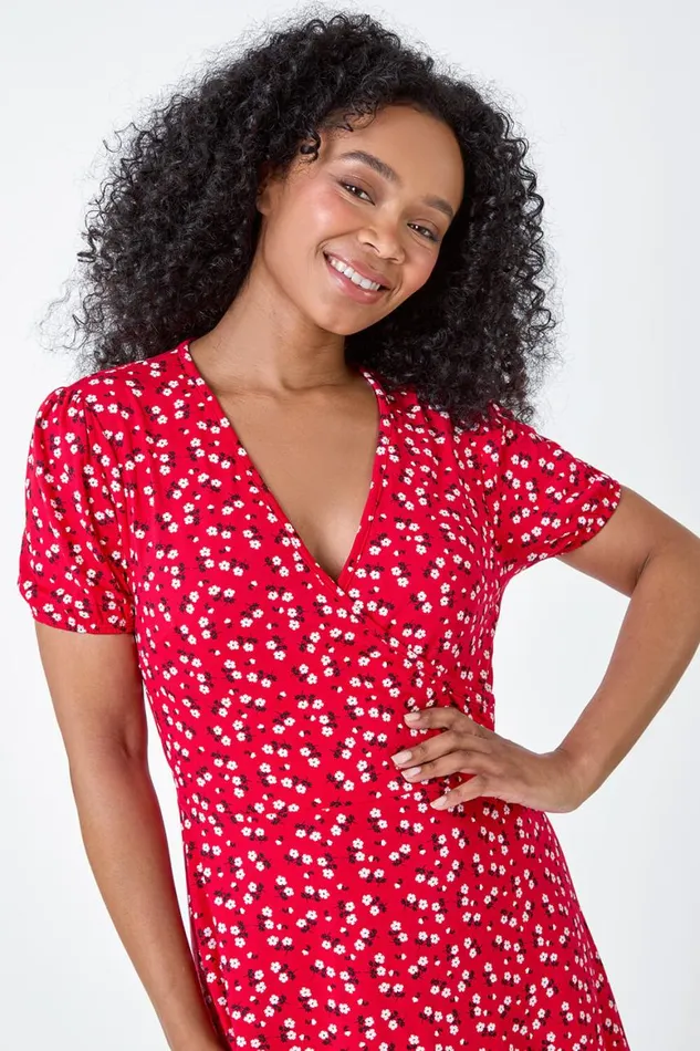 Women Red Petite Ditsy Wrap Stretch Dress Roman Dresses