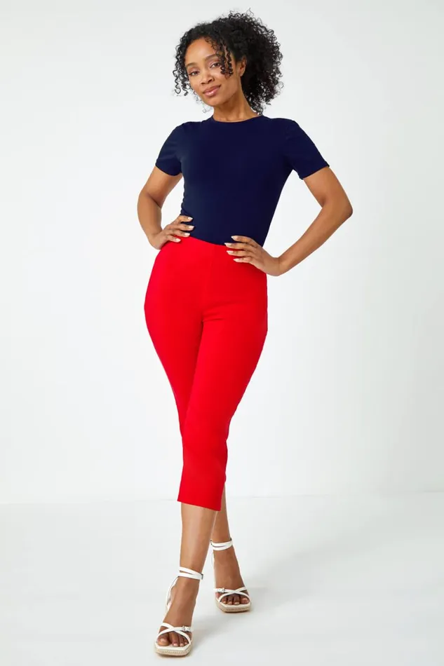 Women Red Petite Elastic Waist Stretch Cropped Trouser Roman Trousers