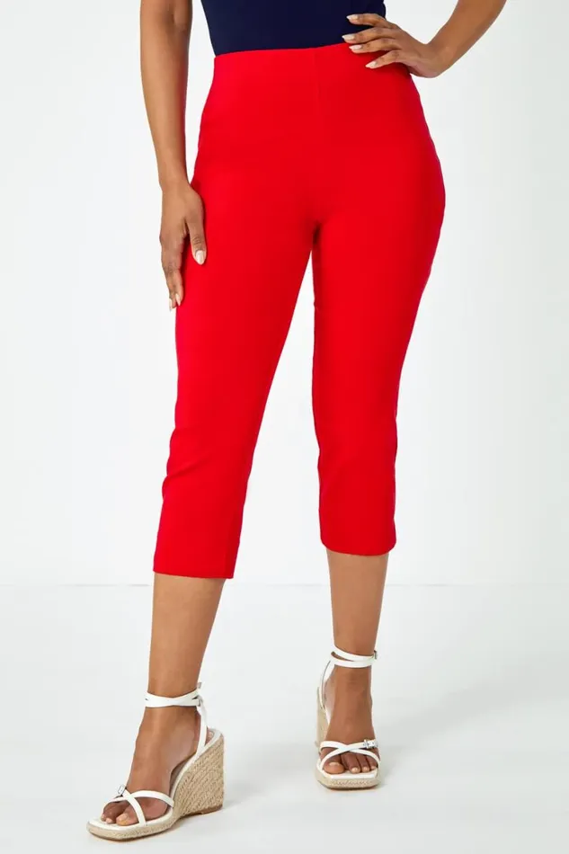 Women Red Petite Elastic Waist Stretch Cropped Trouser Roman Trousers