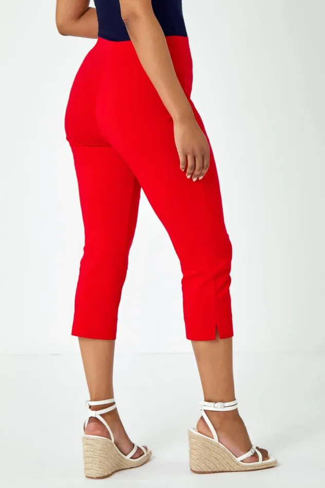 Women Red Petite Elastic Waist Stretch Cropped Trouser Roman Trousers