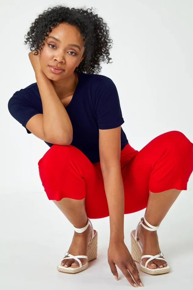 Women Red Petite Elastic Waist Stretch Cropped Trouser Roman Trousers