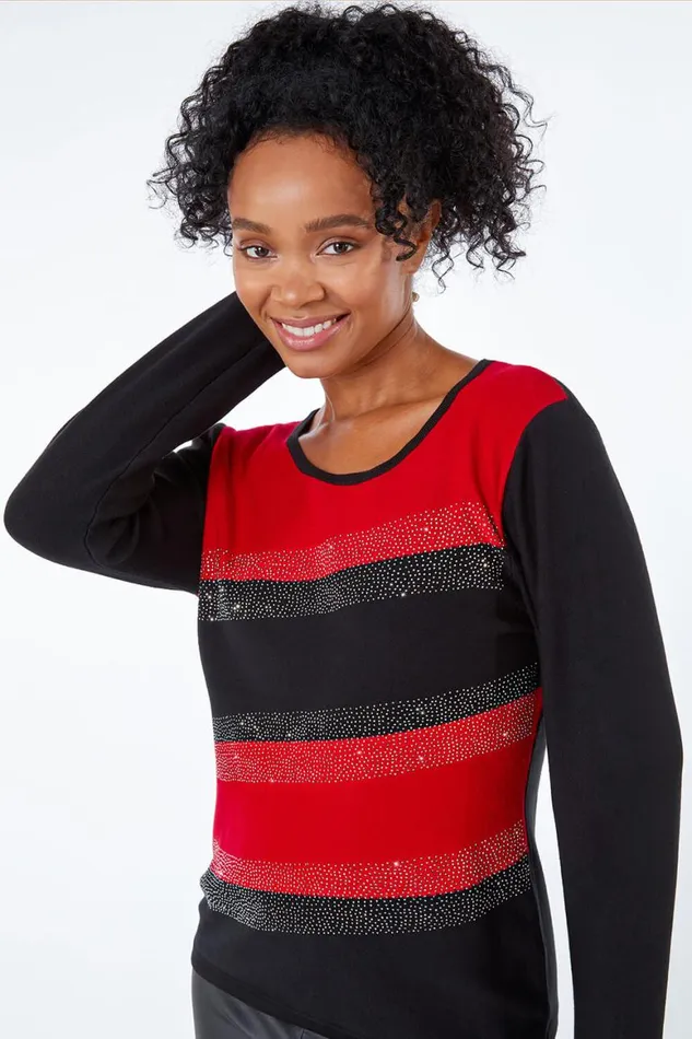 Women Red Petite Embellished Stripe Jumper Roman Knitwear