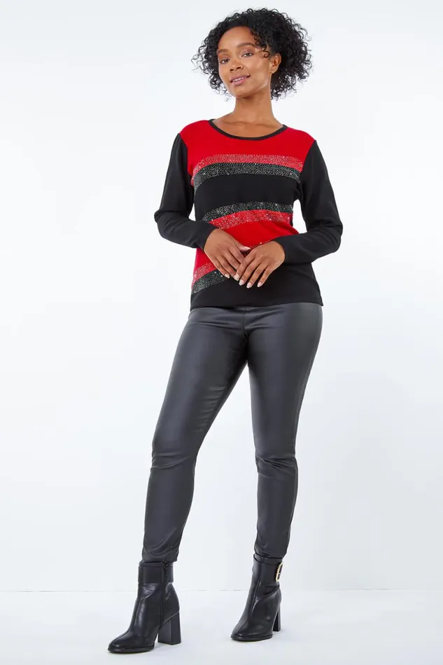 Women Red Petite Embellished Stripe Jumper Roman Knitwear