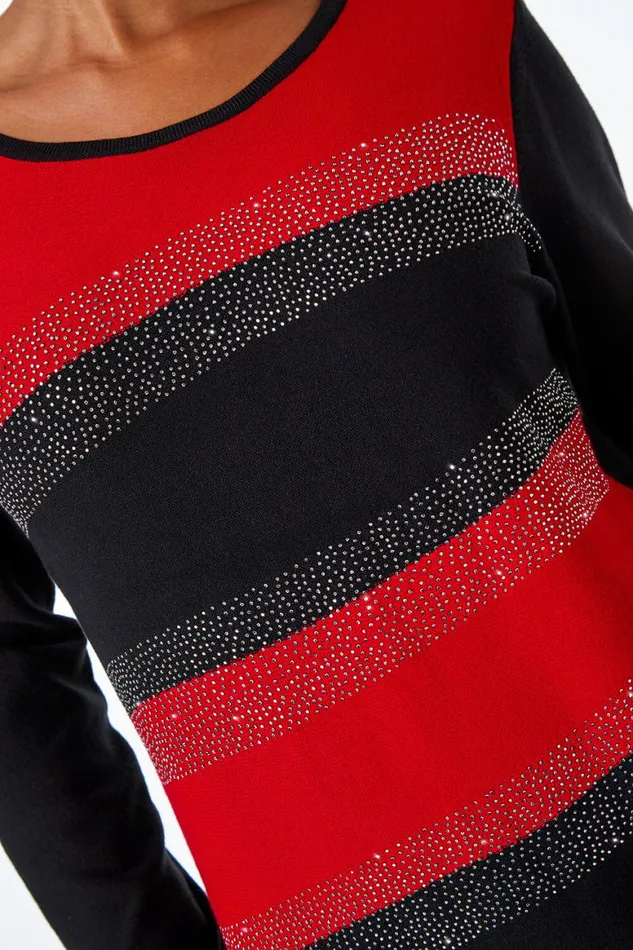 Women Red Petite Embellished Stripe Jumper Roman Knitwear