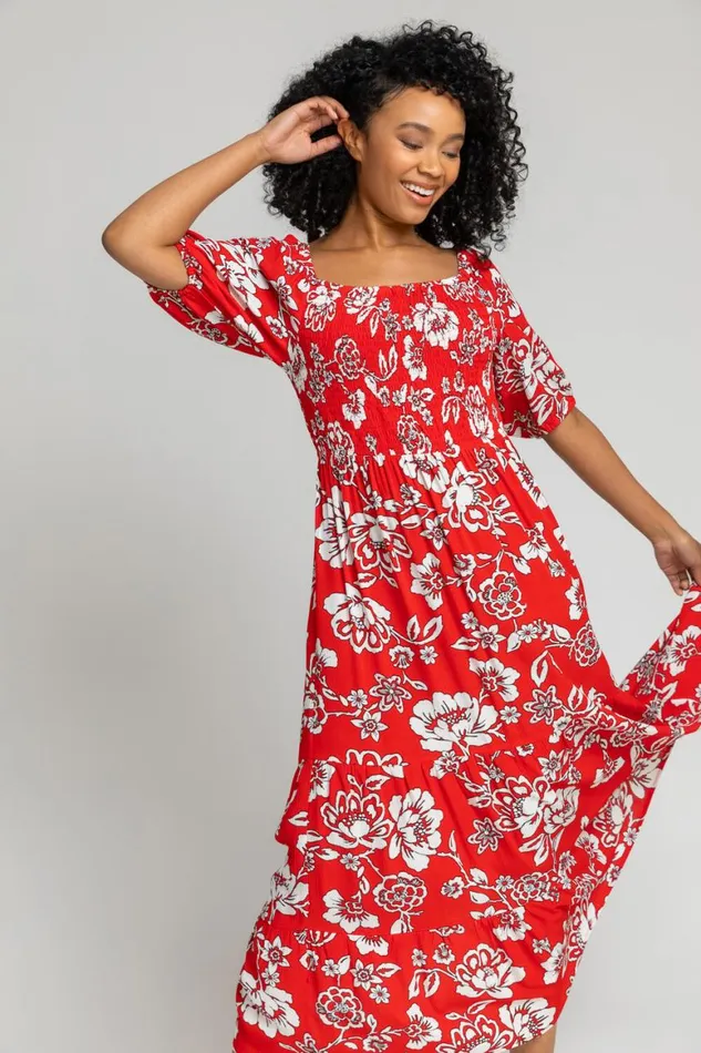 Women Red Petite Floral Print Shirred Bodice Maxi Dress Roman Dresses