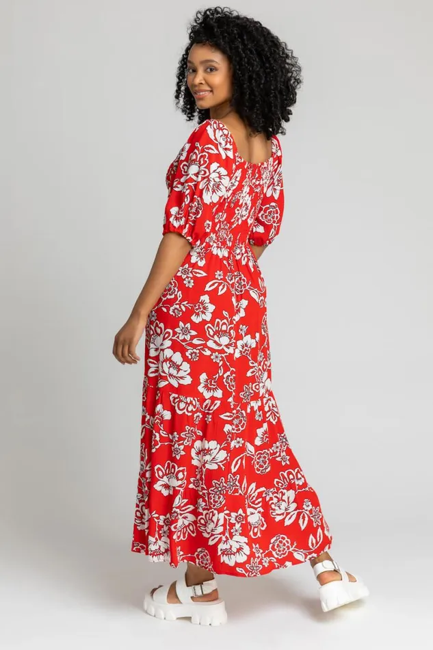 Women Red Petite Floral Print Shirred Bodice Maxi Dress Roman Dresses