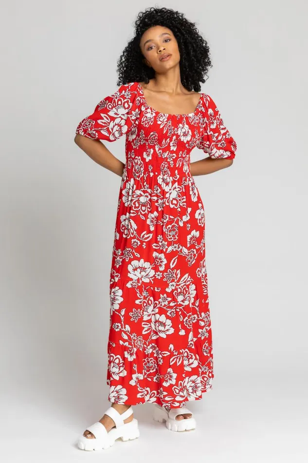 Women Red Petite Floral Print Shirred Bodice Maxi Dress Roman Dresses