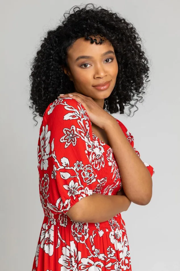 Women Red Petite Floral Print Shirred Bodice Maxi Dress Roman Dresses