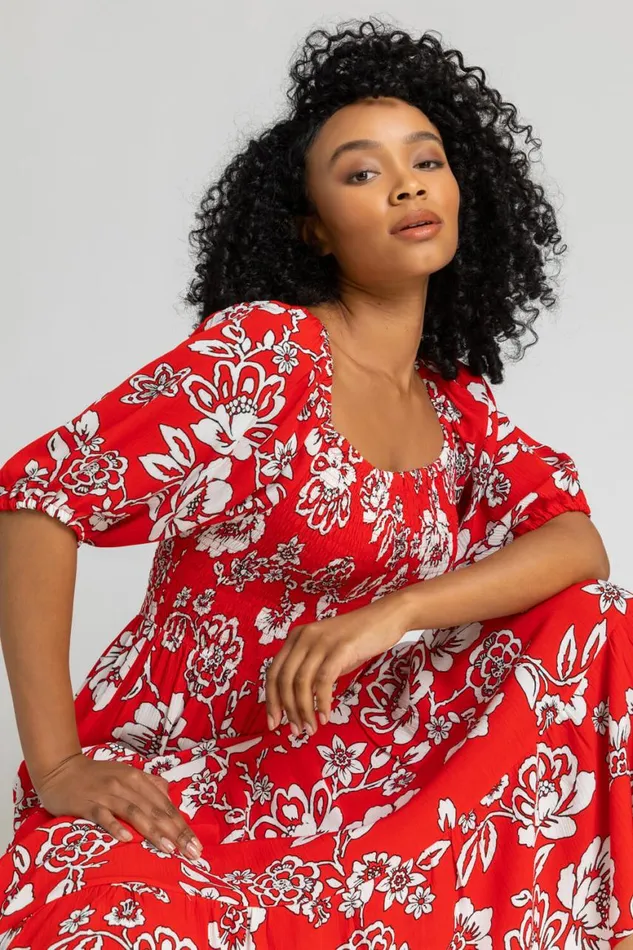 Women Red Petite Floral Print Shirred Bodice Maxi Dress Roman Dresses