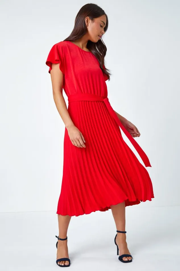 Women Red Petite Plain Pleated Skirt Midi Dress Roman Dresses