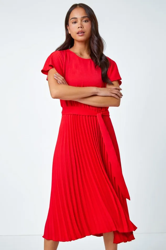 Women Red Petite Plain Pleated Skirt Midi Dress Roman Dresses