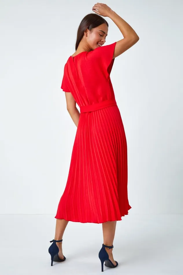 Women Red Petite Plain Pleated Skirt Midi Dress Roman Dresses