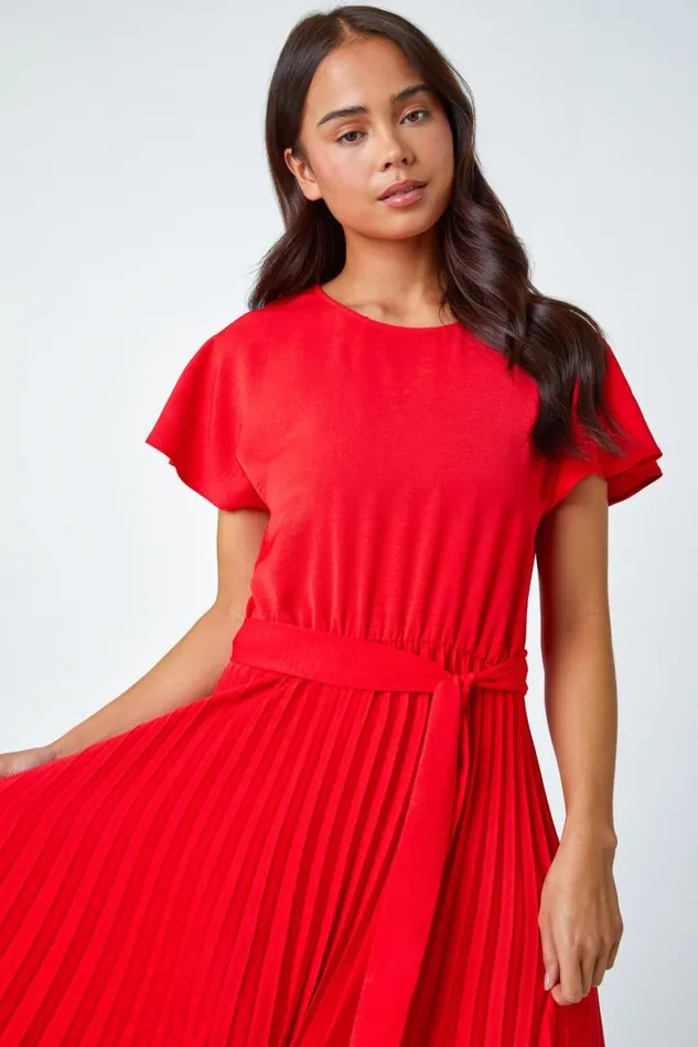 Women Red Petite Plain Pleated Skirt Midi Dress Roman Dresses