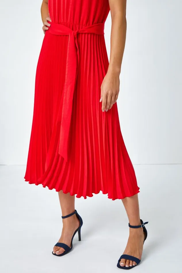 Women Red Petite Plain Pleated Skirt Midi Dress Roman Dresses