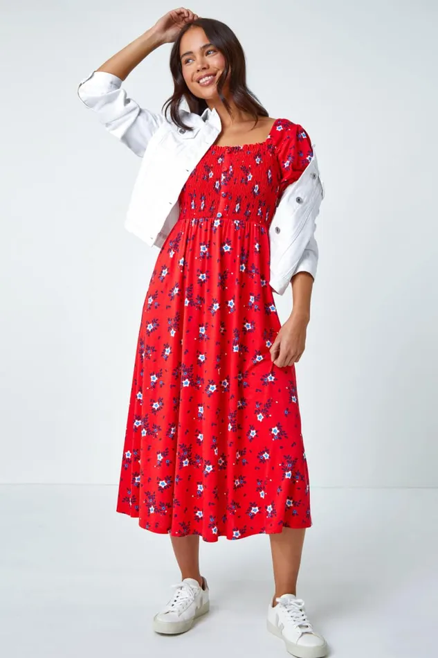 Women Red Petite Shirred Stretch Floral Midi Dress Roman Dresses
