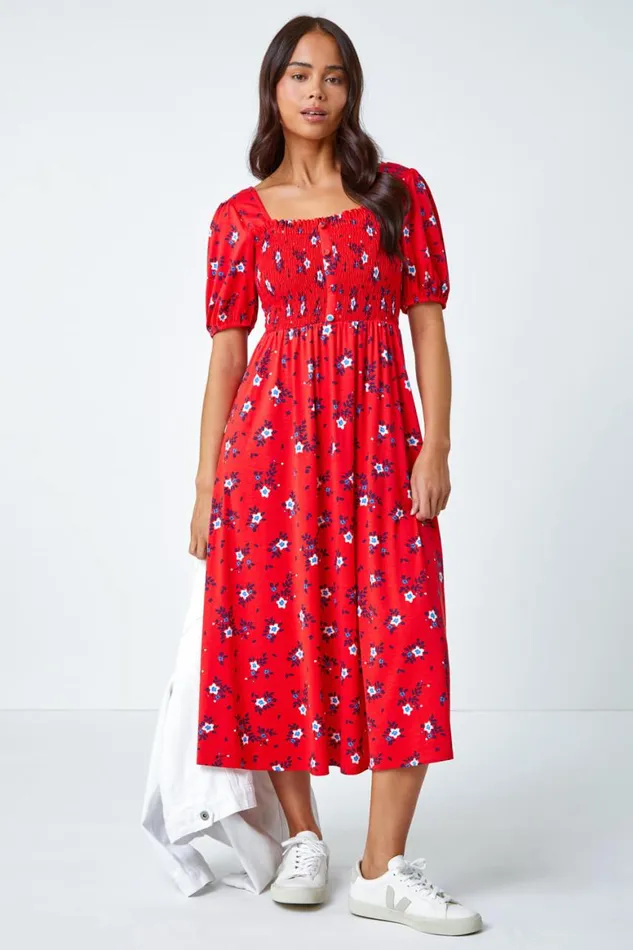 Women Red Petite Shirred Stretch Floral Midi Dress Roman Dresses