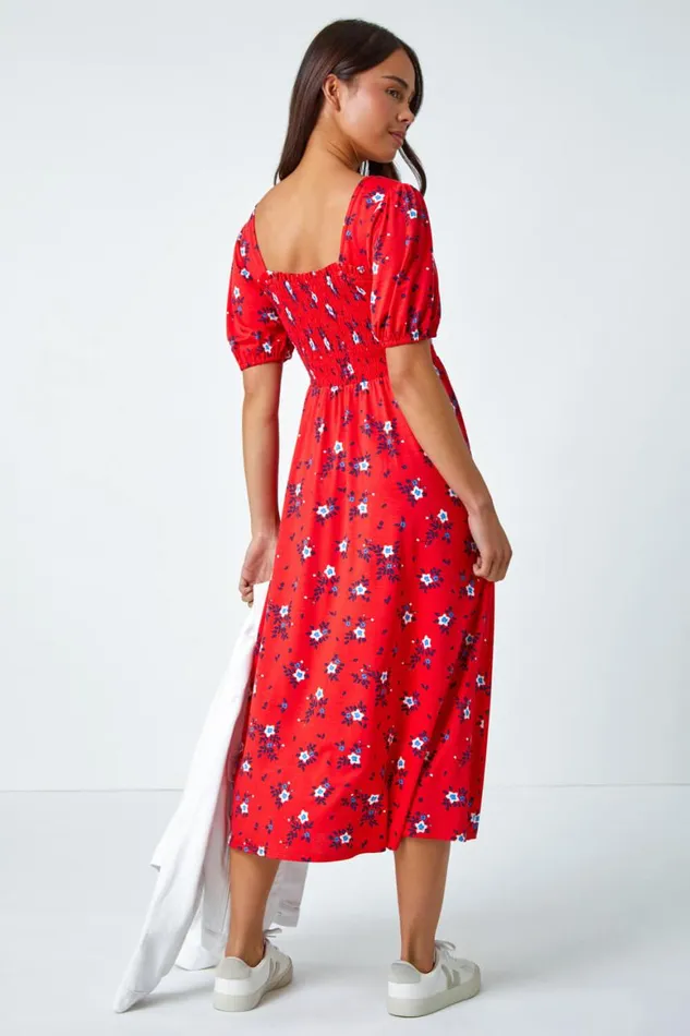 Women Red Petite Shirred Stretch Floral Midi Dress Roman Dresses