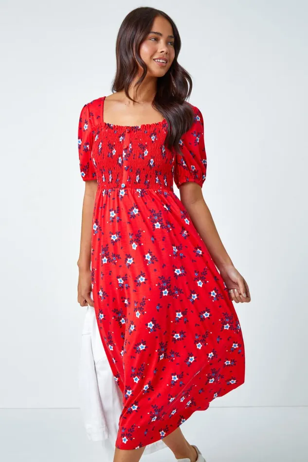 Women Red Petite Shirred Stretch Floral Midi Dress Roman Dresses