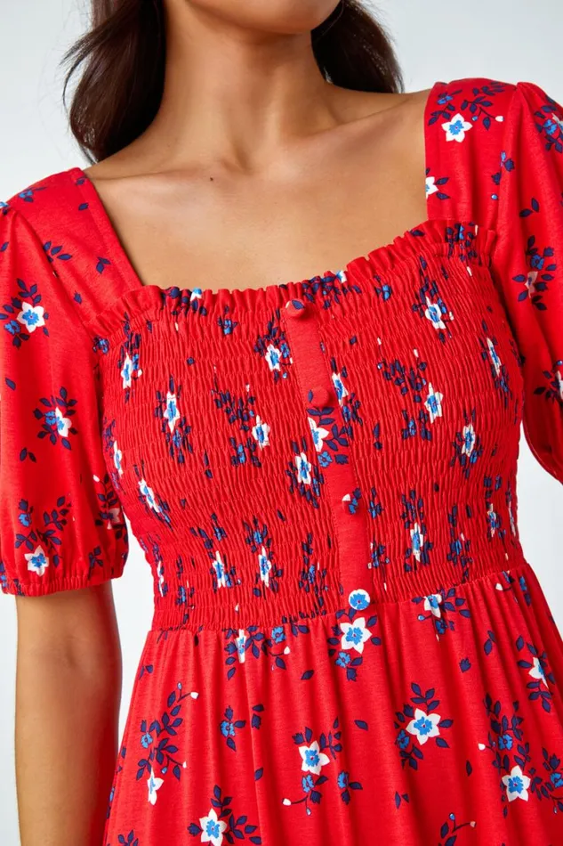 Women Red Petite Shirred Stretch Floral Midi Dress Roman Dresses