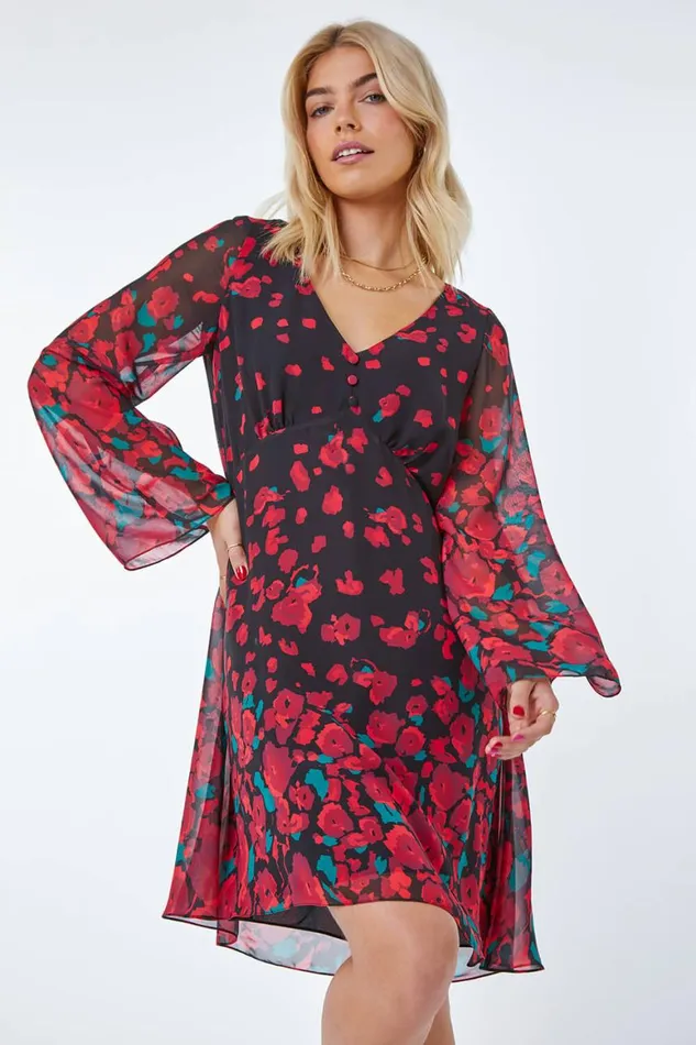 Women Red Rose Border Print Chiffon Dress Roman Dresses