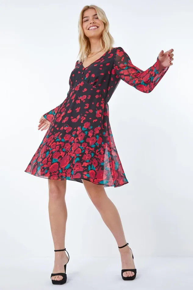Women Red Rose Border Print Chiffon Dress Roman Dresses