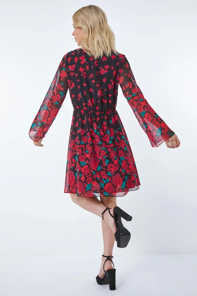 Women Red Rose Border Print Chiffon Dress Roman Dresses