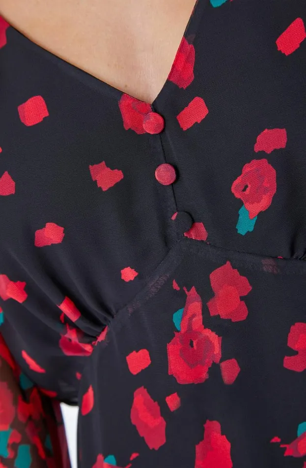 Women Red Rose Border Print Chiffon Dress Roman Dresses