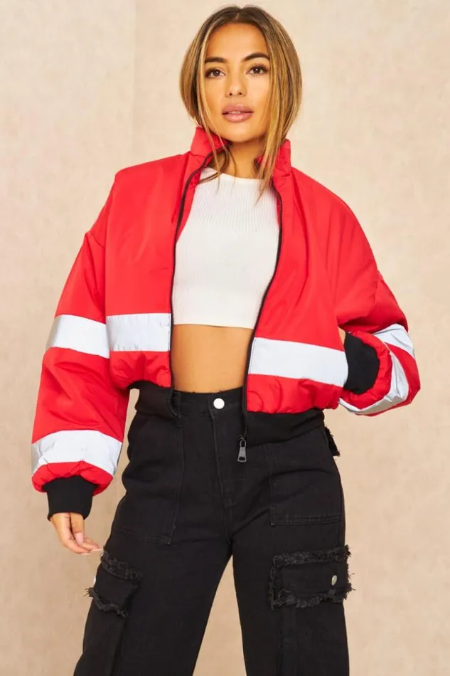 Women Red Short Puffer Jacket With Reflective Stripes Red Brentiny Paris Parkas And Down Jackets Women Red Short Puffer Jacket With Reflective Stripes Red Brentiny Paris Parkas And Down Jackets