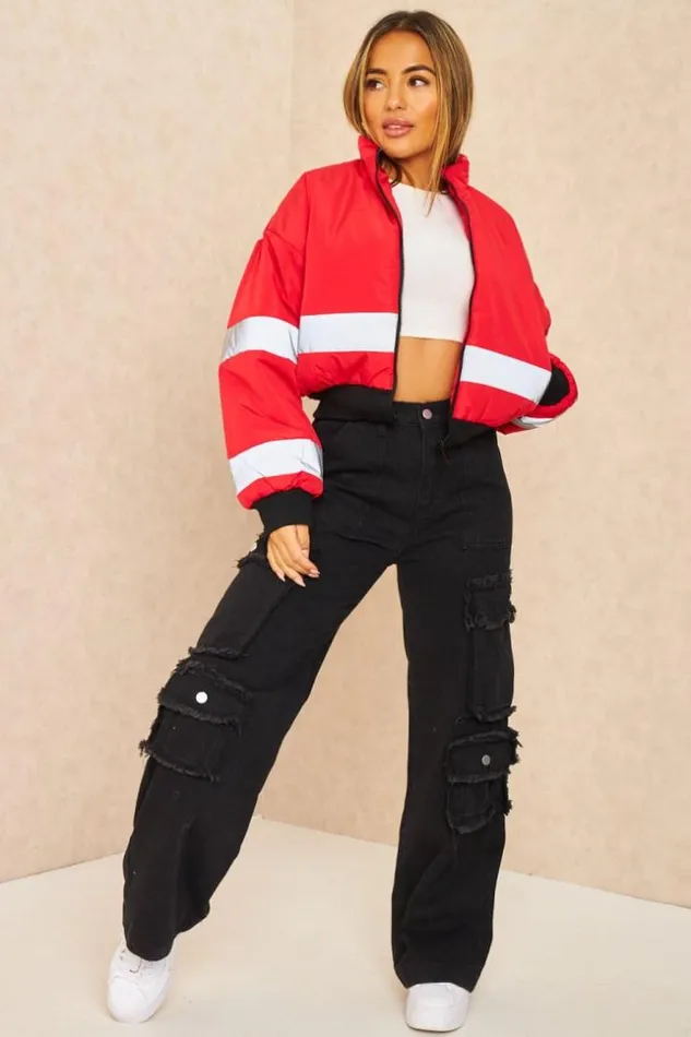 Women Red Short Puffer Jacket With Reflective Stripes Red Brentiny Paris Parkas And Down Jackets