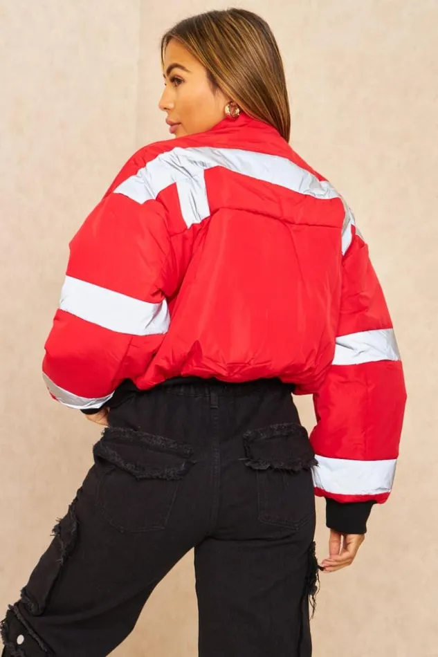 Women Red Short Puffer Jacket With Reflective Stripes Red Brentiny Paris Parkas And Down Jackets