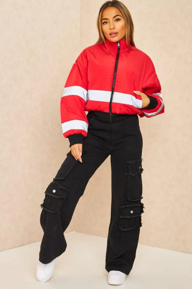 Women Red Short Puffer Jacket With Reflective Stripes Red Brentiny Paris Parkas And Down Jackets