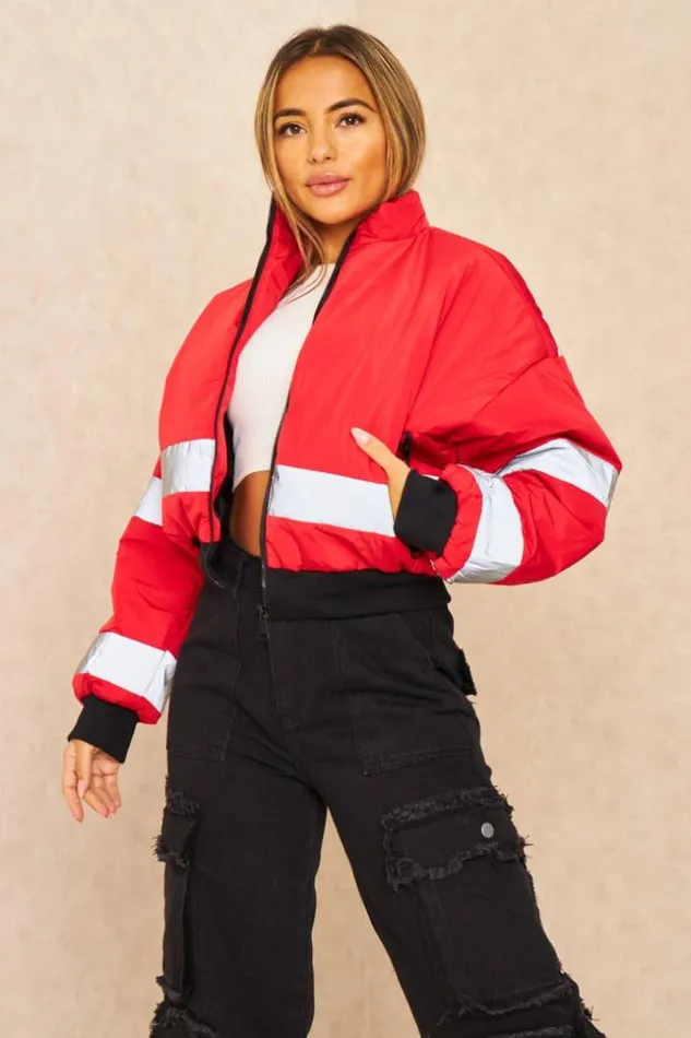 Women Red Short Puffer Jacket With Reflective Stripes Red Brentiny Paris Parkas And Down Jackets