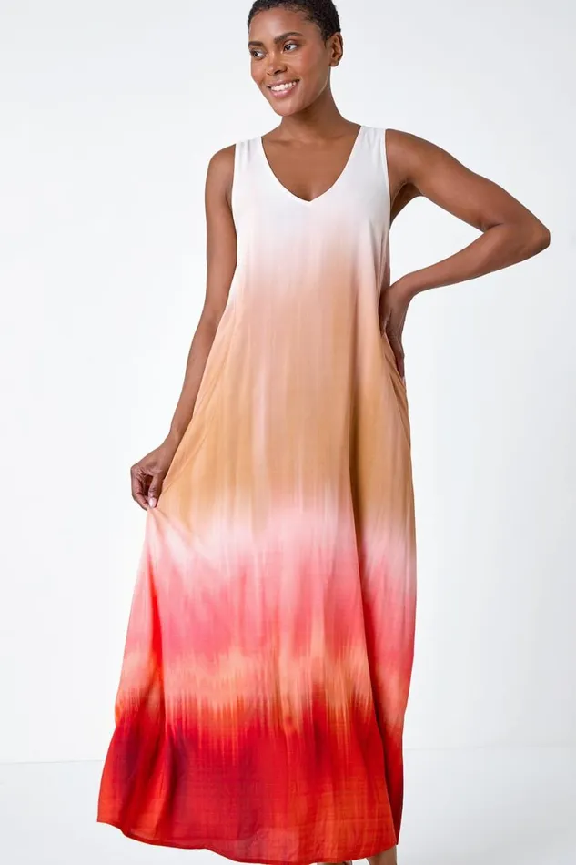 Women Red Sleeveless Ombre Midi Dress Roman Dresses