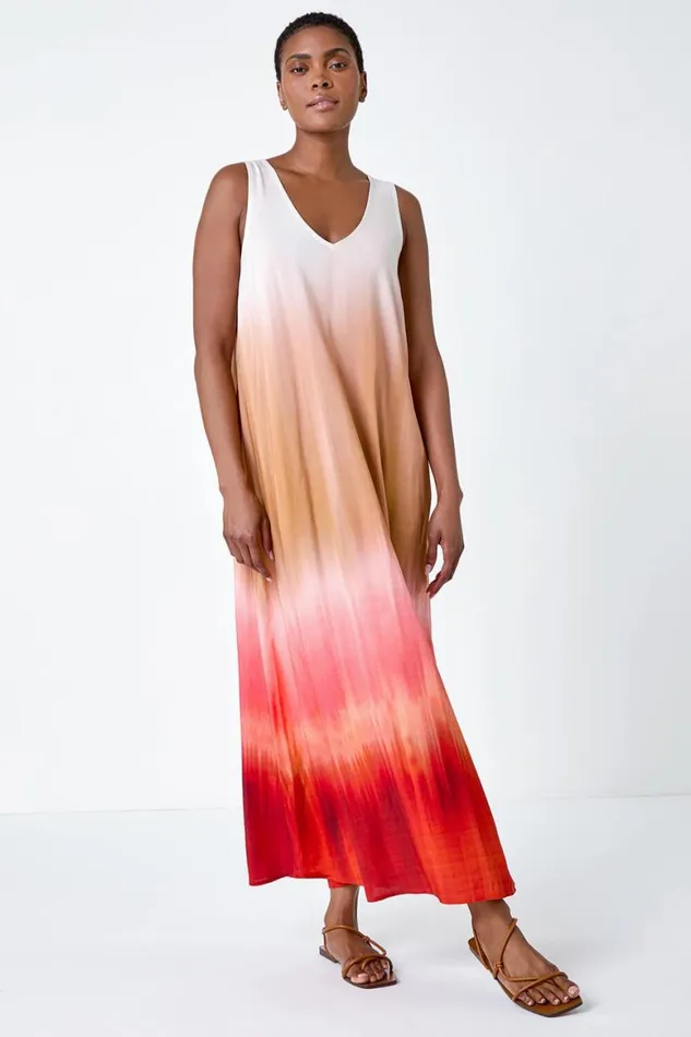 Women Red Sleeveless Ombre Midi Dress Roman Dresses