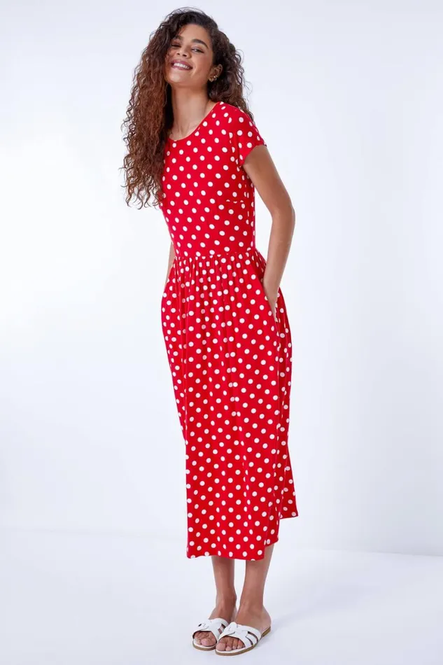 Women Red Stretch Jersey Spot Midi Dress Roman Dresses