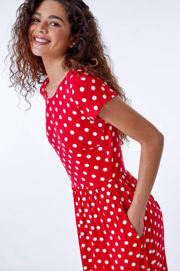 Women Red Stretch Jersey Spot Midi Dress Roman Dresses
