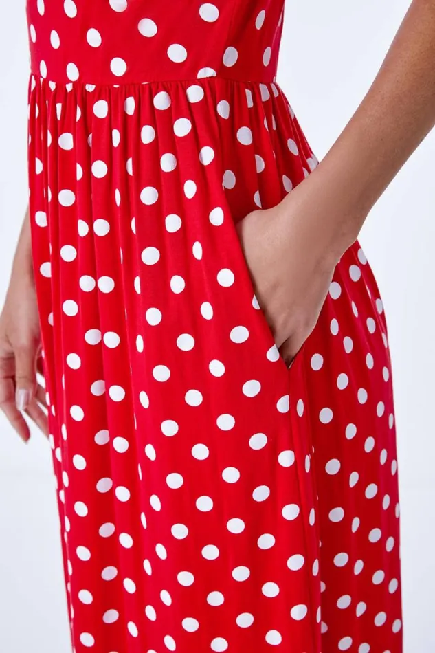 Women Red Stretch Jersey Spot Midi Dress Roman Dresses
