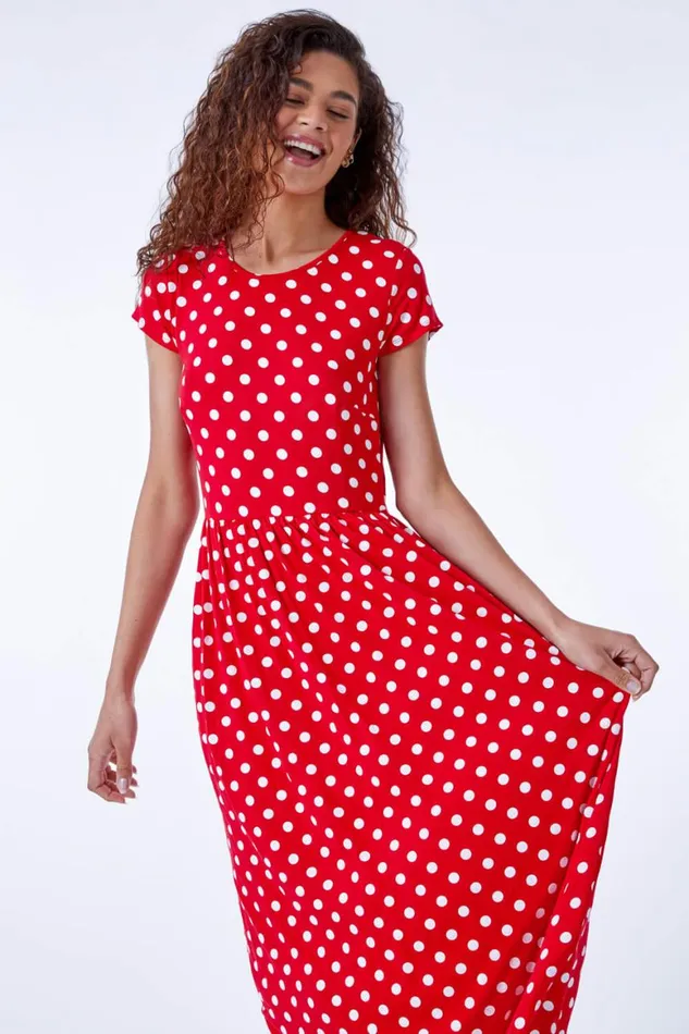 Women Red Stretch Jersey Spot Midi Dress Roman Dresses